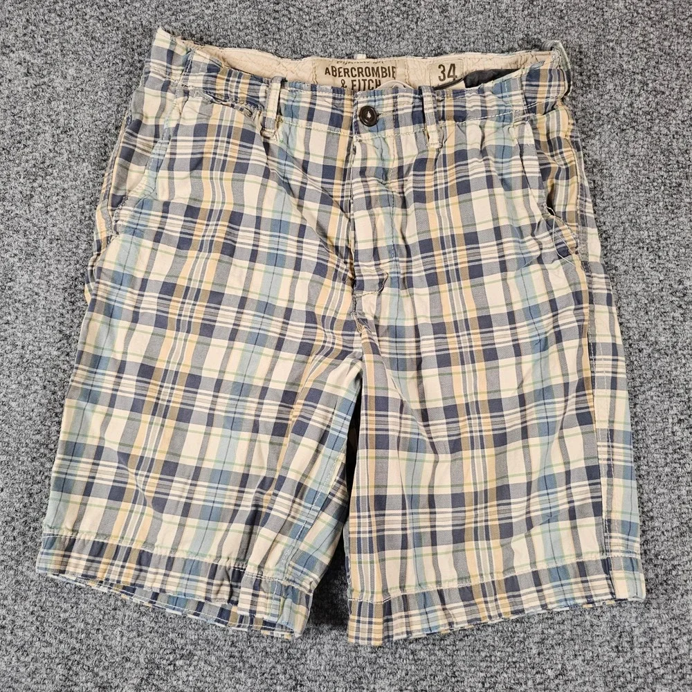 VTG Abercrombie & Fitch Mens Plaid Shorts Blue Green Tan Cotton Size‎ 34 Casual
